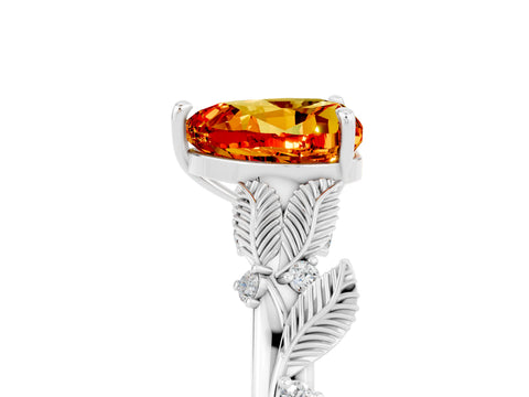 White gold Heart Cut Citrine Solitaire Ring with Leaf Motif Band and Four-Prong Setting_5