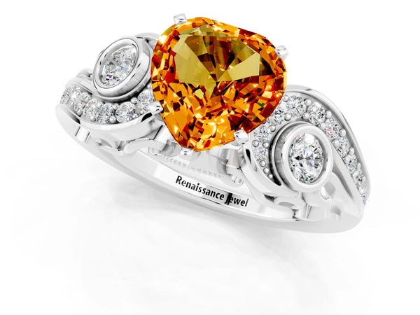 Platinum Heart Cut Citrine Solitaire Ring with Milgrain Pavé Band and Four-Prong Setting