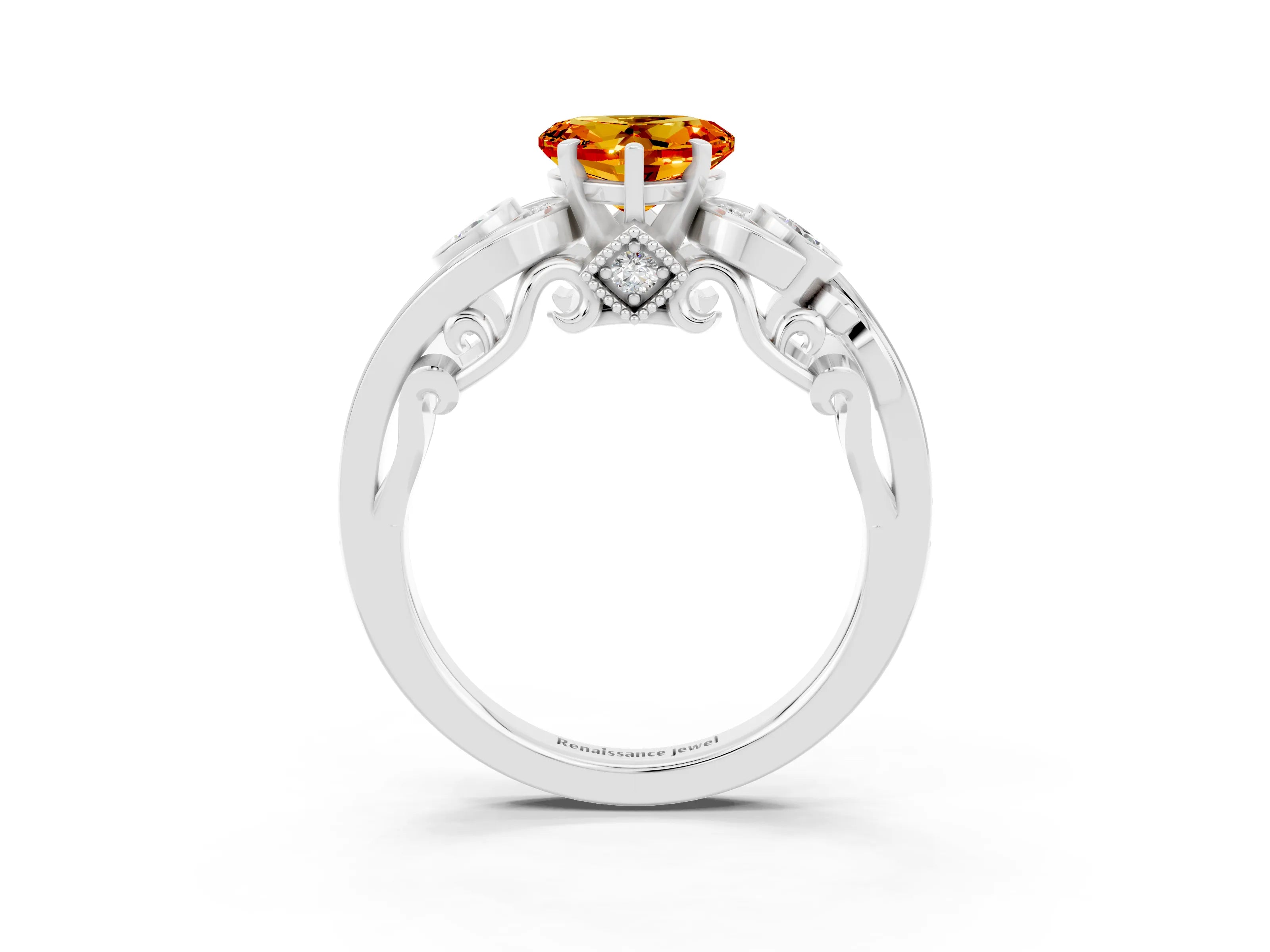 White gold Heart Cut Citrine Solitaire Ring with Milgrain Pavé Band and Four-Prong Setting_15