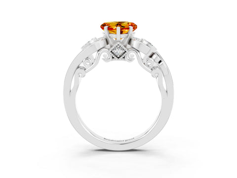 White gold Heart Cut Citrine Solitaire Ring with Milgrain Pavé Band and Four-Prong Setting_15