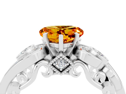 White gold Heart Cut Citrine Solitaire Ring with Milgrain Pavé Band and Four-Prong Setting_16