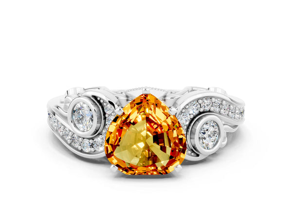 White gold Heart Cut Citrine Solitaire Ring with Milgrain Pavé Band and Four-Prong Setting