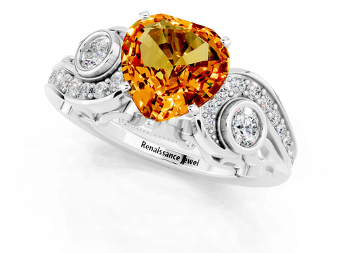 White gold Heart Cut Citrine Solitaire Ring with Milgrain Pavé Band and Four-Prong Setting_49