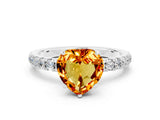 White gold Heart Cut Citrine Solitaire Ring with Pavé Accents and Four-Prong Setting