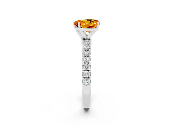 Platinum Heart Cut Citrine Solitaire Ring with Pavé Accents and Four-Prong Setting