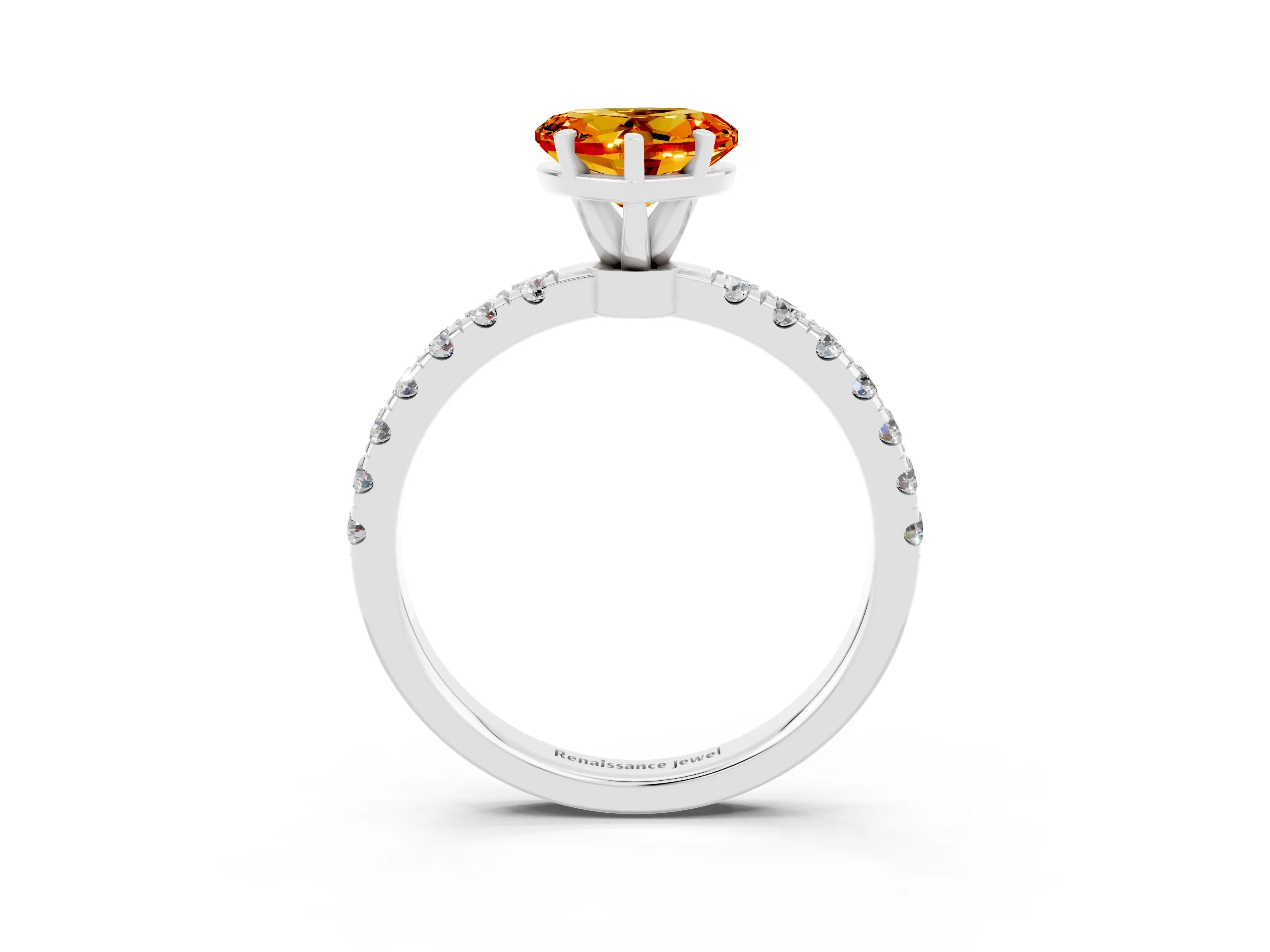 White gold Heart Cut Citrine Solitaire Ring with Pavé Accents and Four-Prong Setting_3