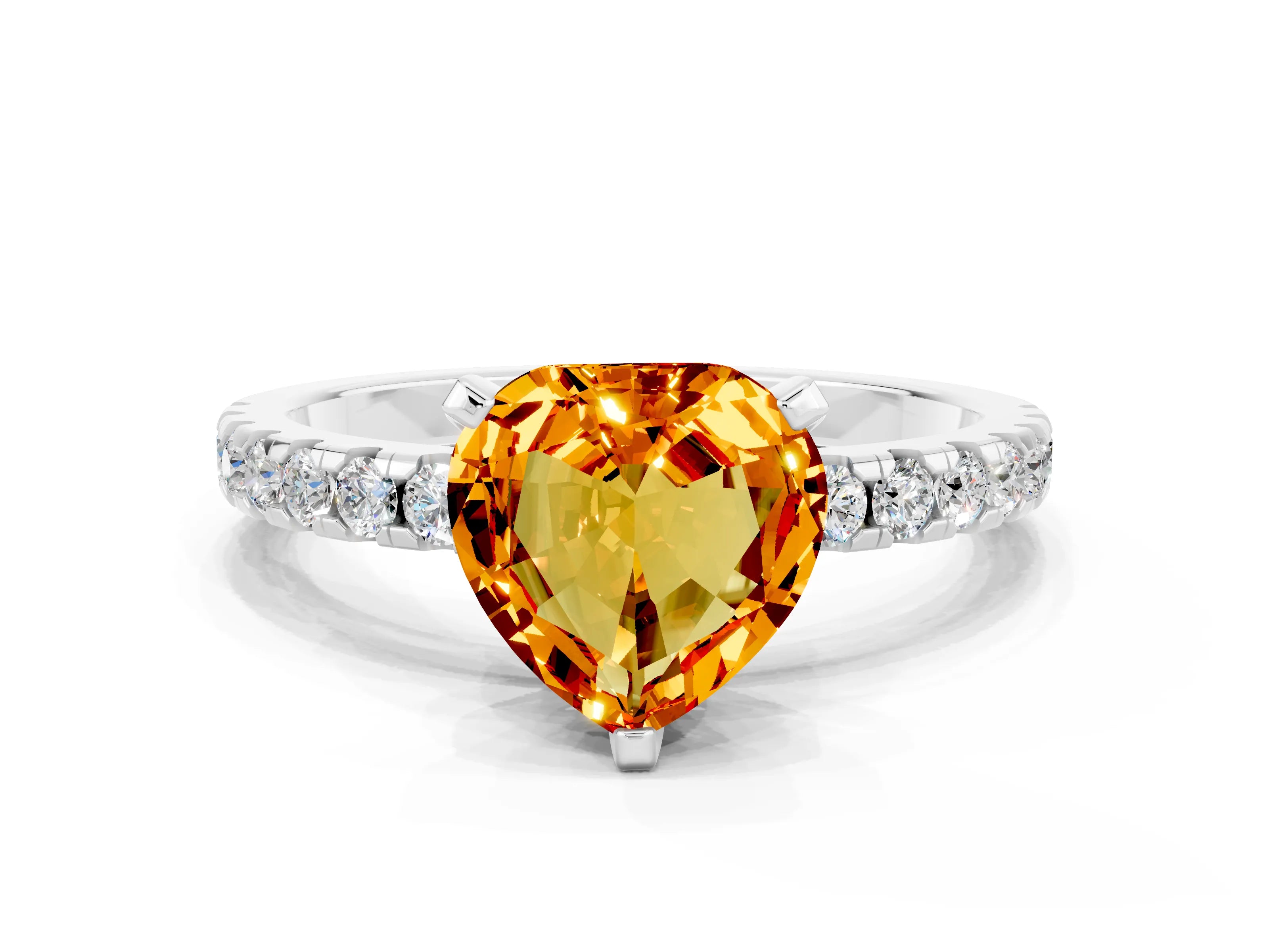 White gold Heart Cut Citrine Solitaire Ring with Pavé Band and Four-Prong Setting_12