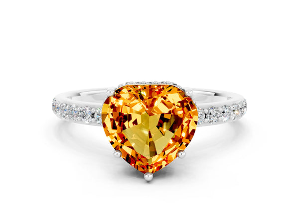 Platinum Heart Cut Citrine Solitaire Ring with Pavé Band and Hidden Halo