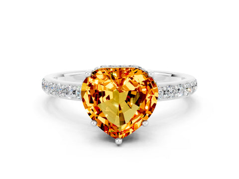 White gold Heart Cut Citrine Solitaire Ring with Pavé Band and Hidden Halo_12