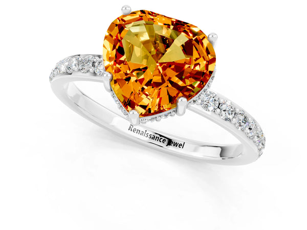 Platinum Heart Cut Citrine Solitaire Ring with Pavé Band and Hidden Halo