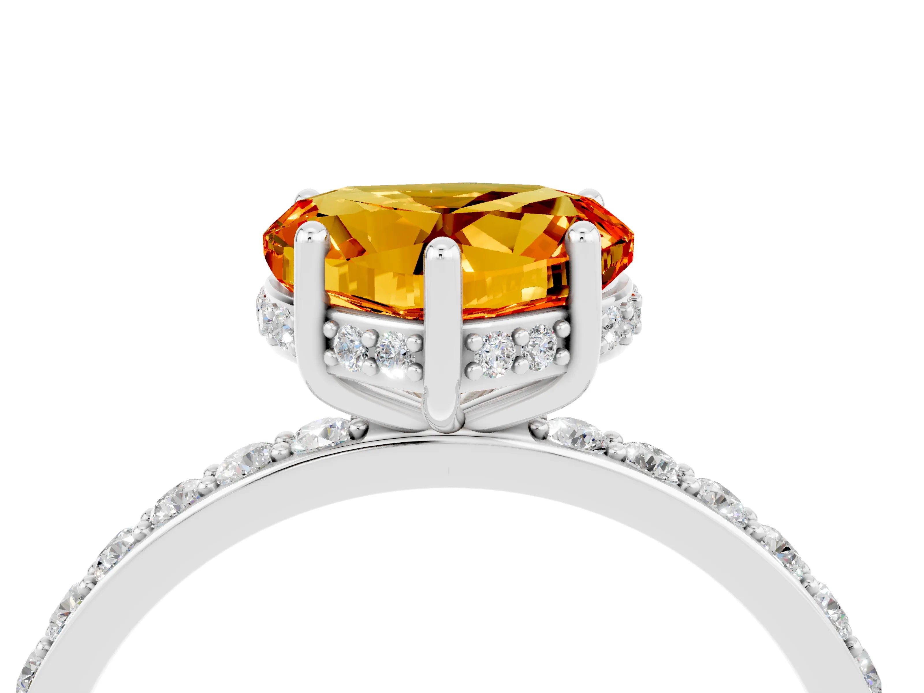 White gold Heart Cut Citrine Solitaire Ring with Pavé Band and Hidden Halo_16
