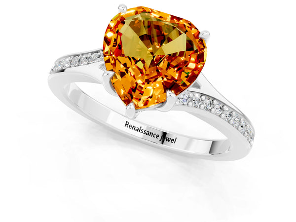 Platinum Heart Cut Citrine Solitaire Ring with Pavé Band and Prong Setting