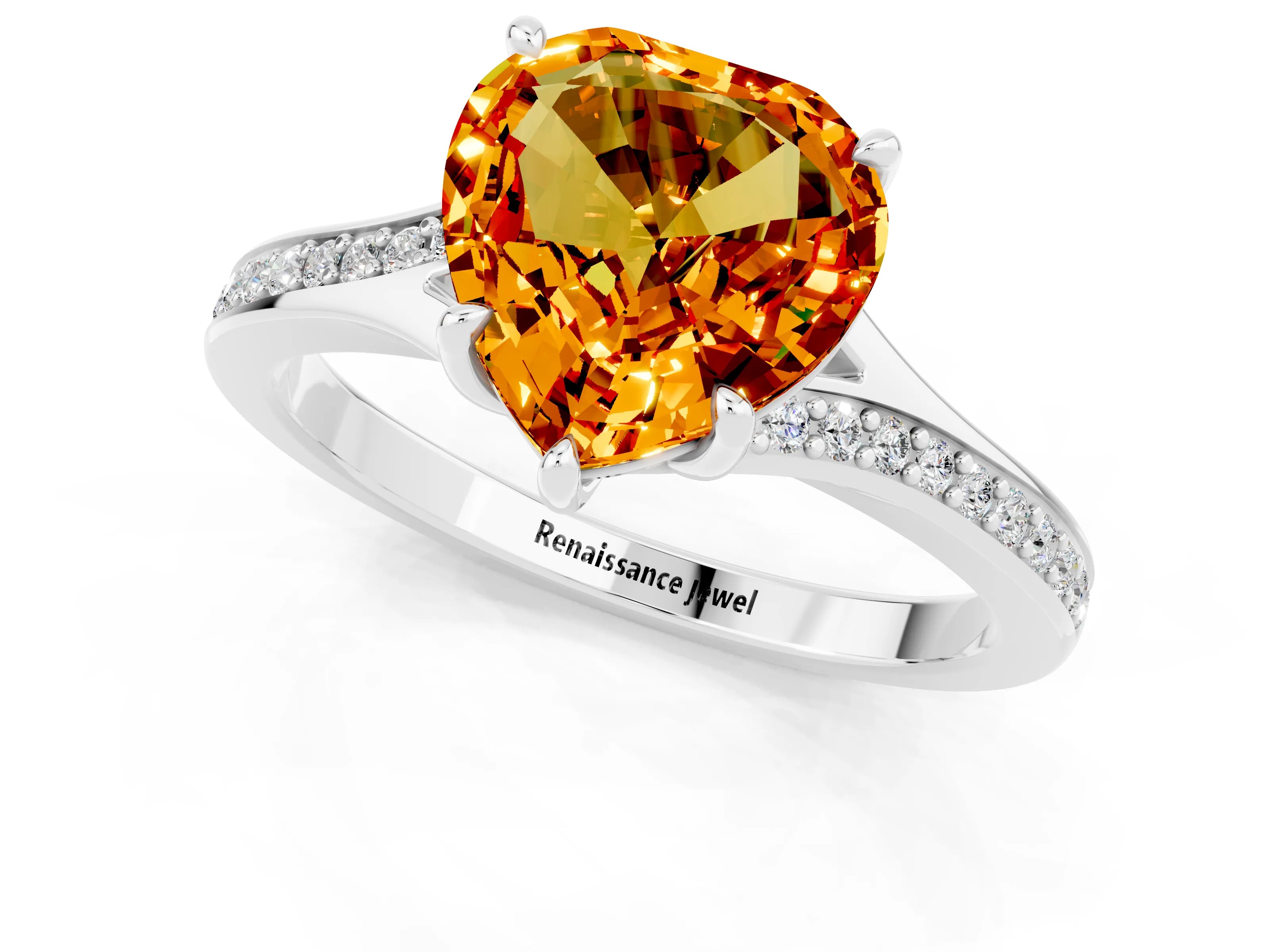 White gold Heart Cut Citrine Solitaire Ring with Pavé Band and Prong Setting_1