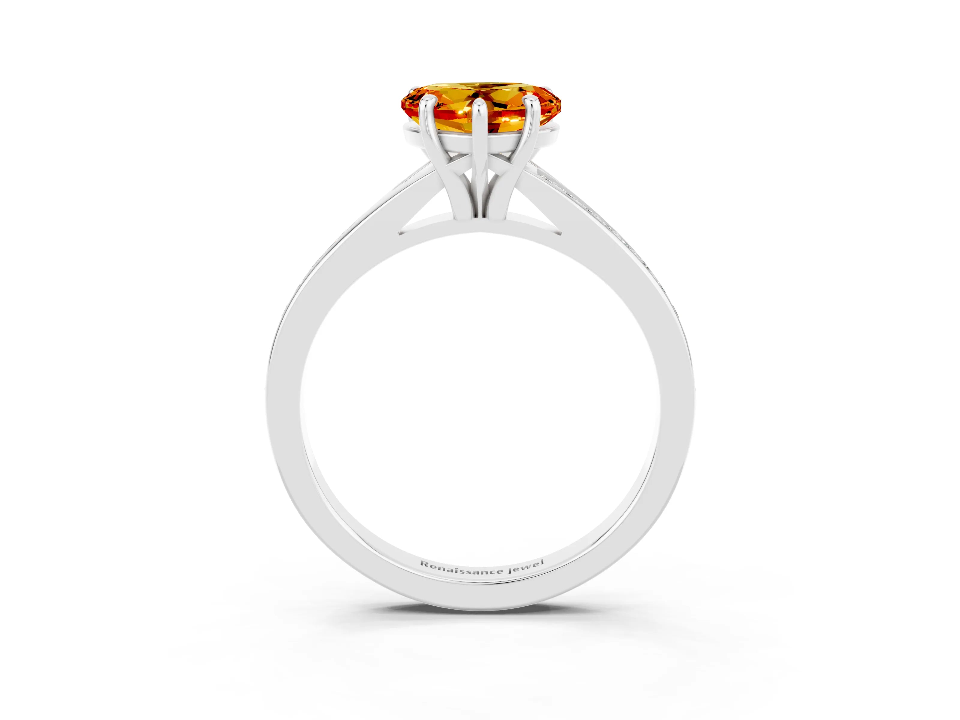 White gold Heart Cut Citrine Solitaire Ring with Pavé Band and Prong Setting_3