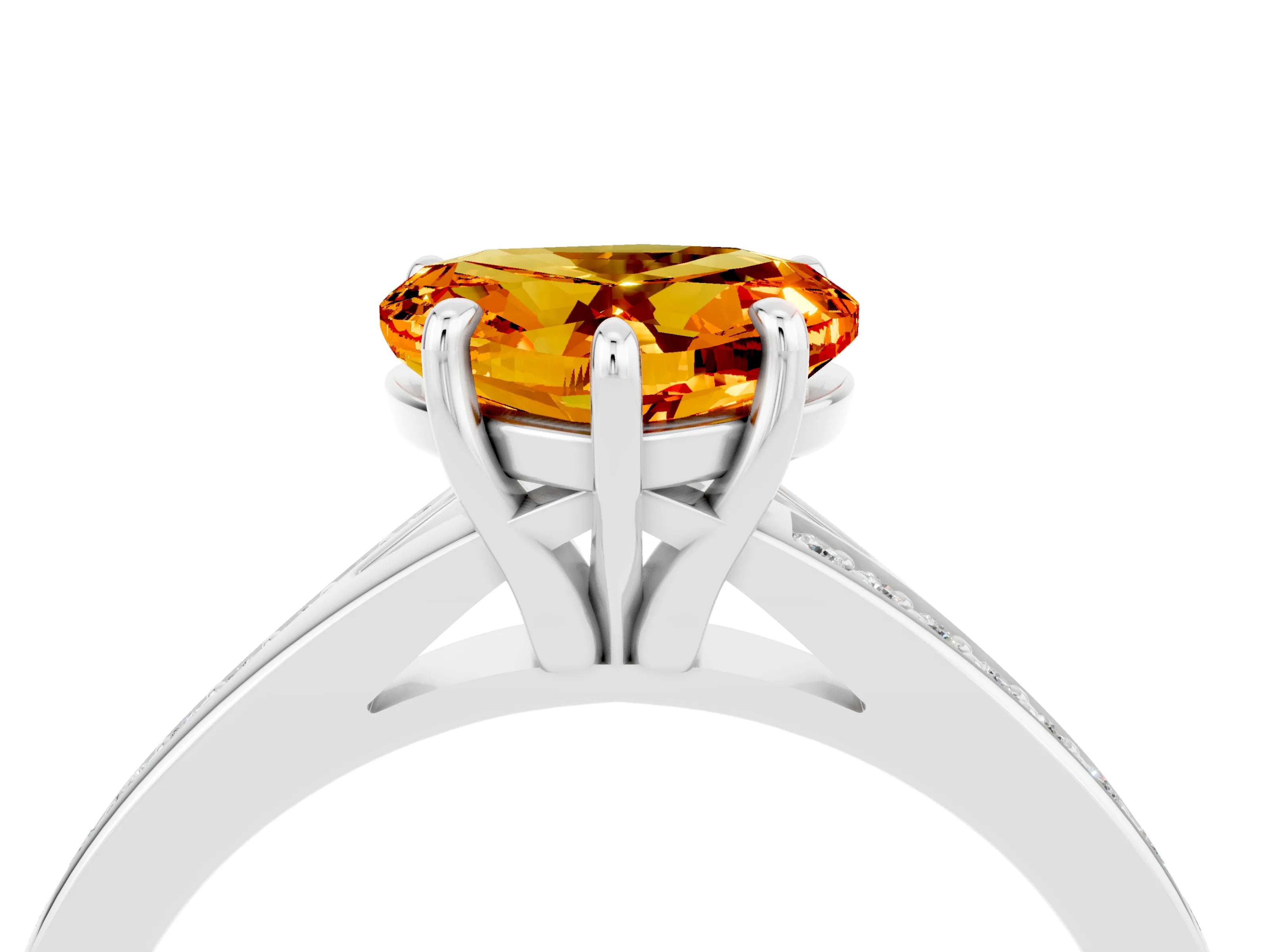 White gold Heart Cut Citrine Solitaire Ring with Pavé Band and Prong Setting_4