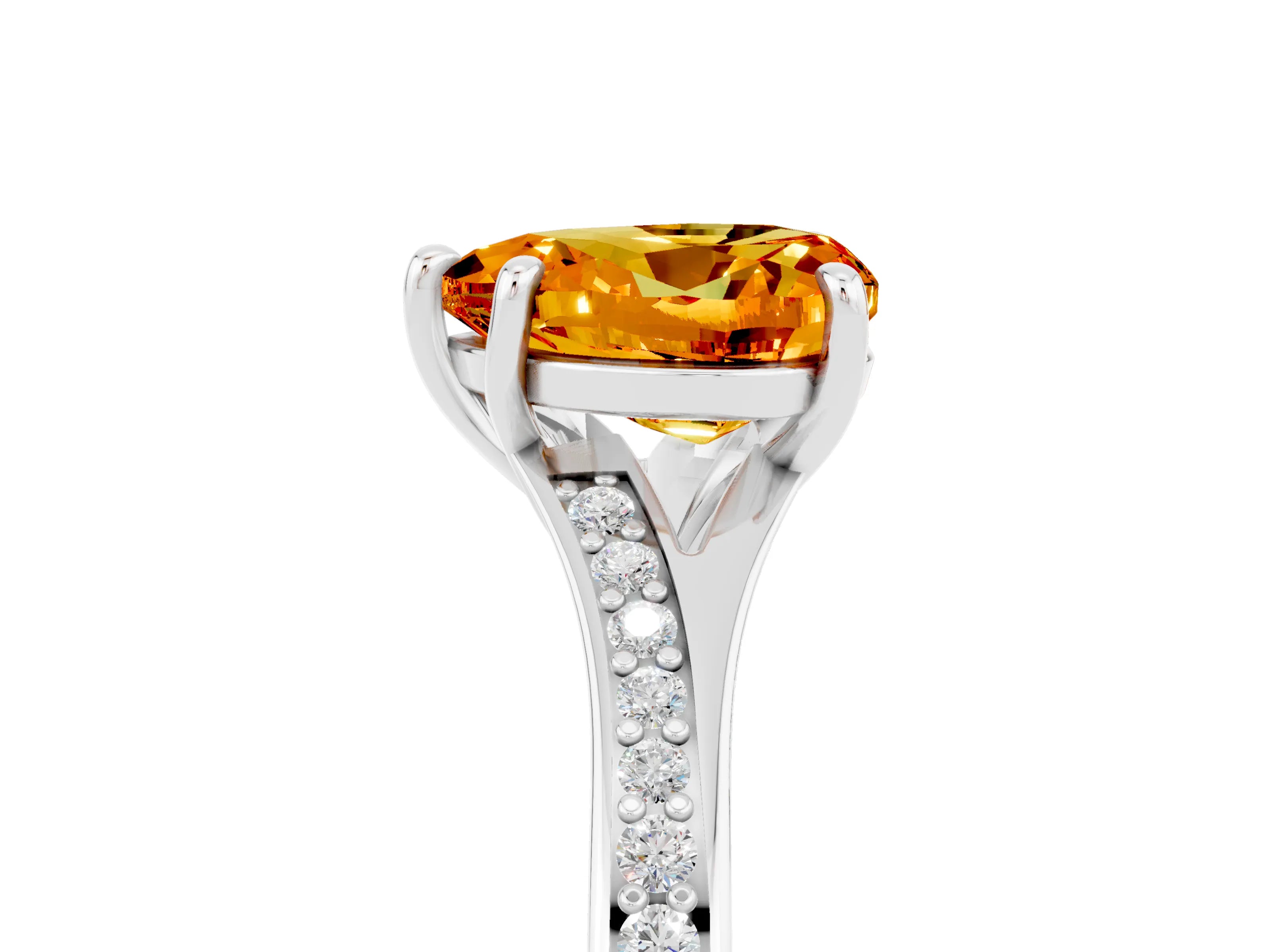 White gold Heart Cut Citrine Solitaire Ring with Pavé Band and Prong Setting_5