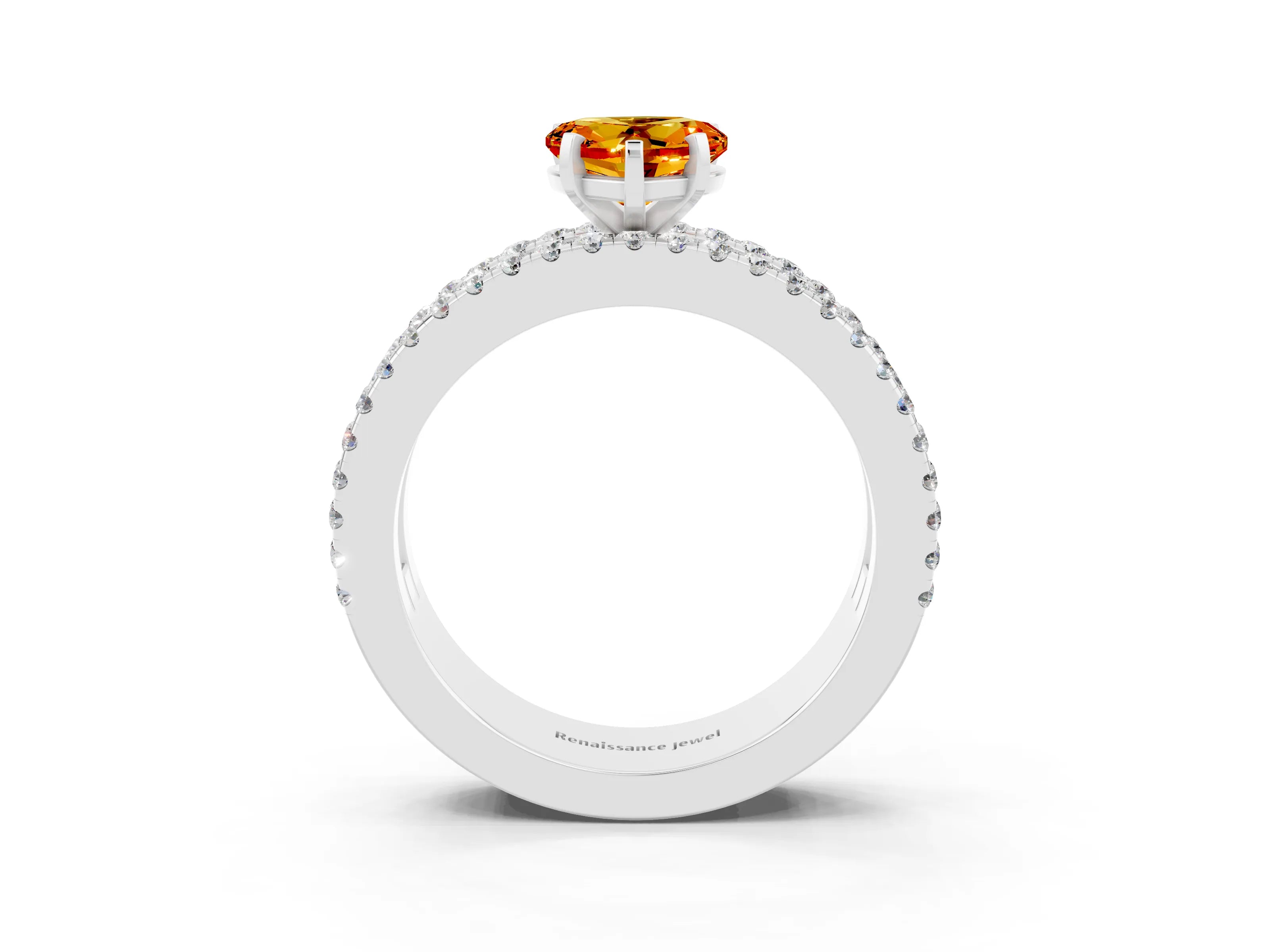 White gold Heart Cut Citrine Solitaire Ring with Pavé and Channel Set Band_3