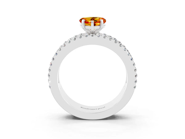 Platinum Heart Cut Citrine Solitaire Ring with Pavé and Channel Set Band