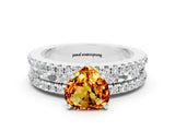 White gold Heart Cut Citrine Solitaire Ring with Pavé and Channel Set Band