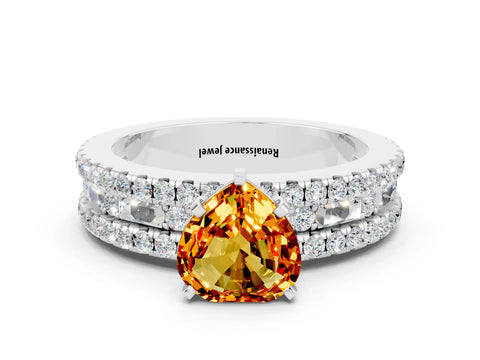 White gold Heart Cut Citrine Solitaire Ring with Pavé and Channel Set Band