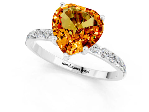 White gold Heart Cut Citrine Solitaire Ring with Pave Band and Four Prong Setting_25