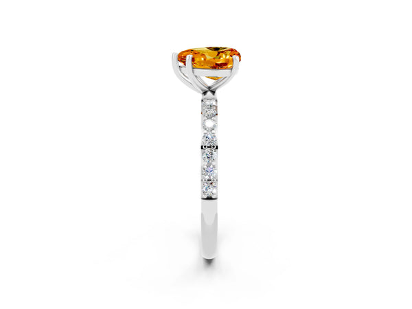 White gold Heart Cut Citrine Solitaire Ring with Round  Pavé Band and Prong Setting