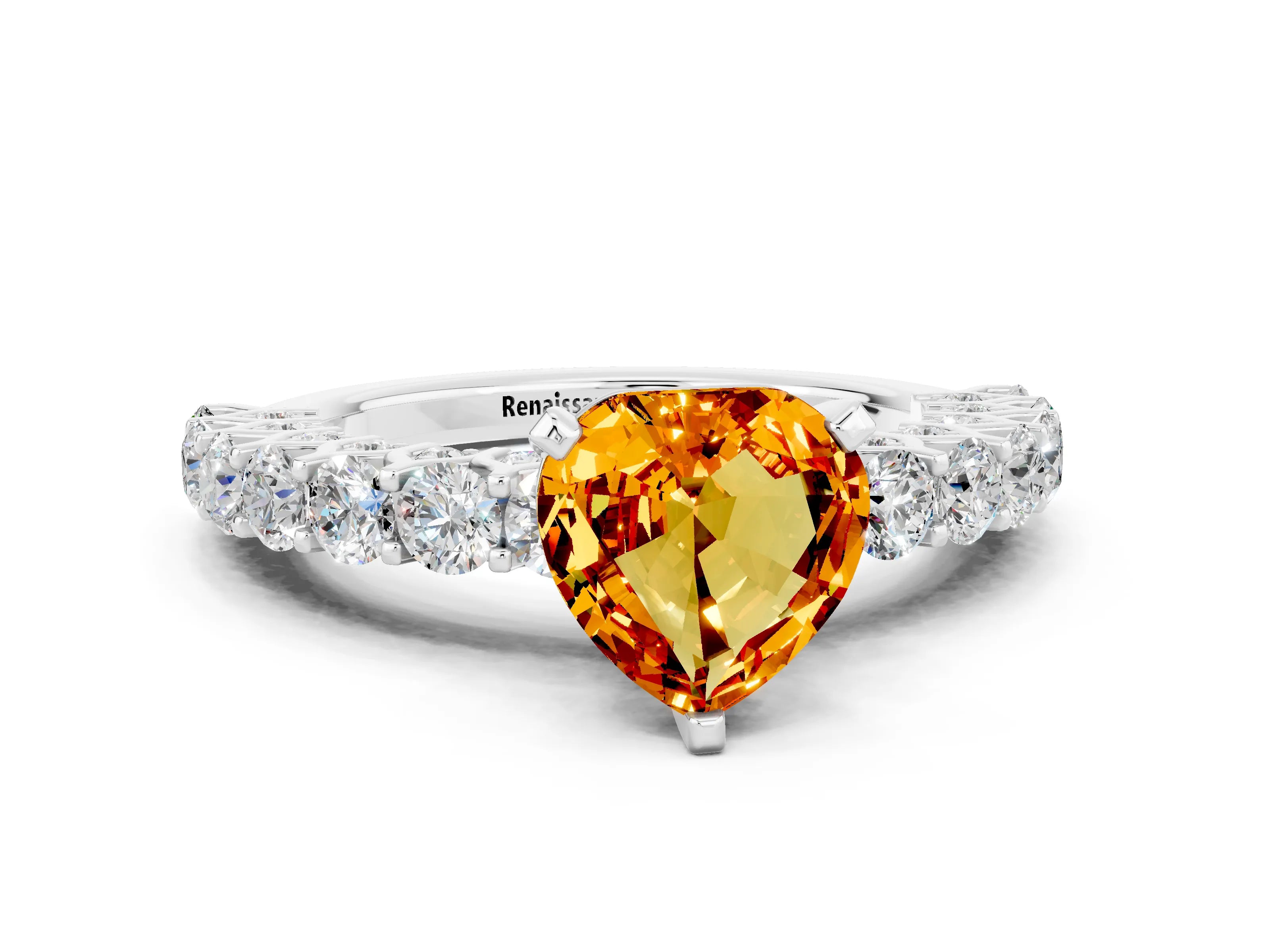 White gold Heart Cut Citrine Solitaire Ring with Shared Prong Pavé Band and Four-Prong Setting_12