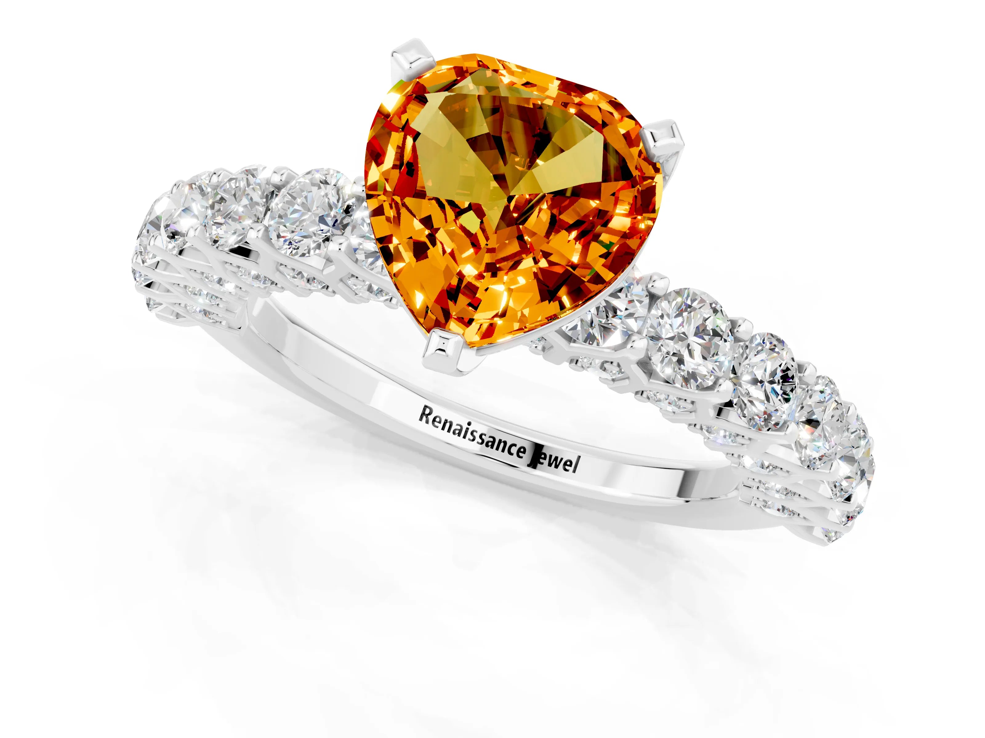White gold Heart Cut Citrine Solitaire Ring with Shared Prong Pavé Band and Four-Prong Setting_13