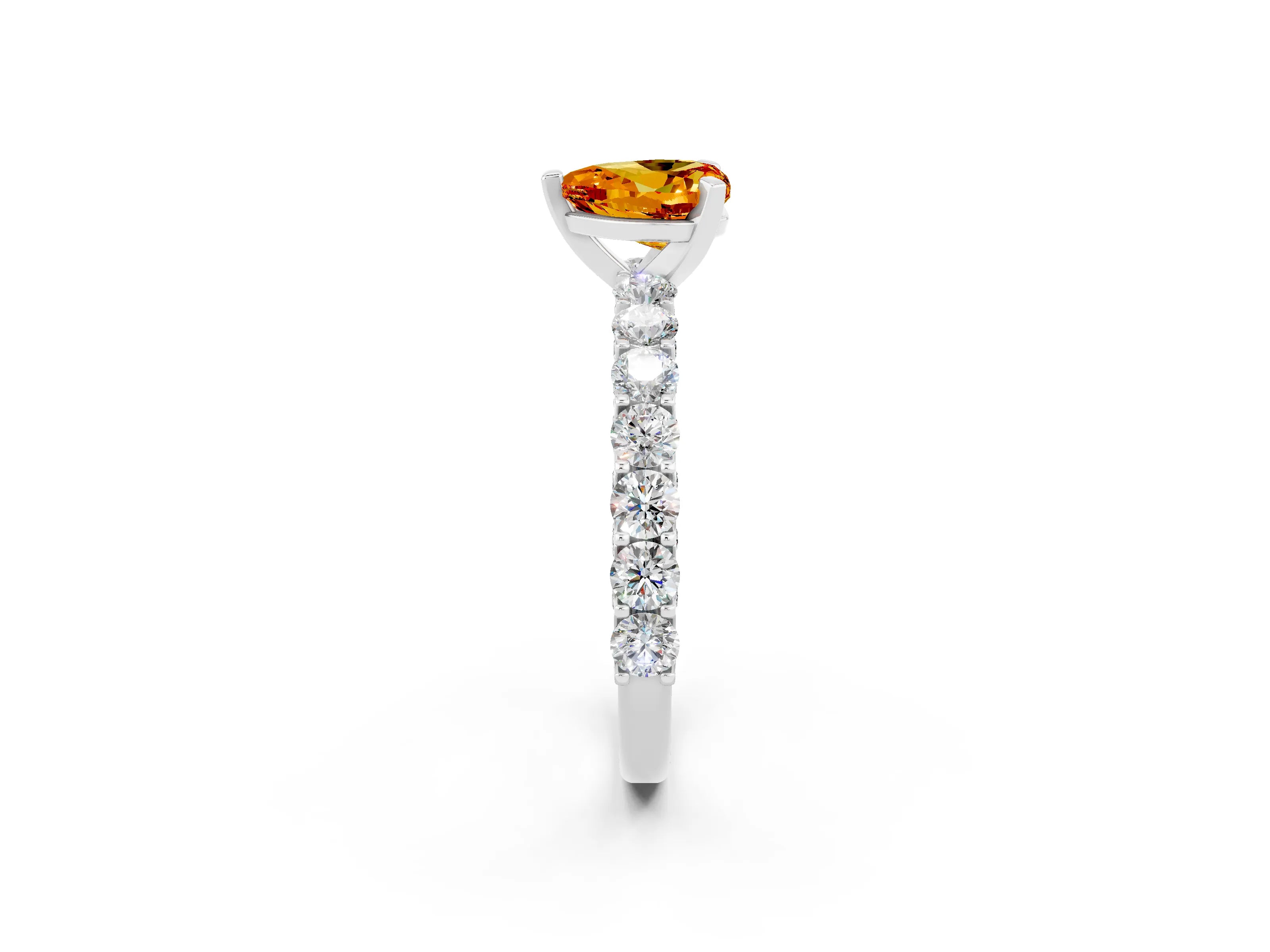 White gold Heart Cut Citrine Solitaire Ring with Shared Prong Pavé Band and Four-Prong Setting_14