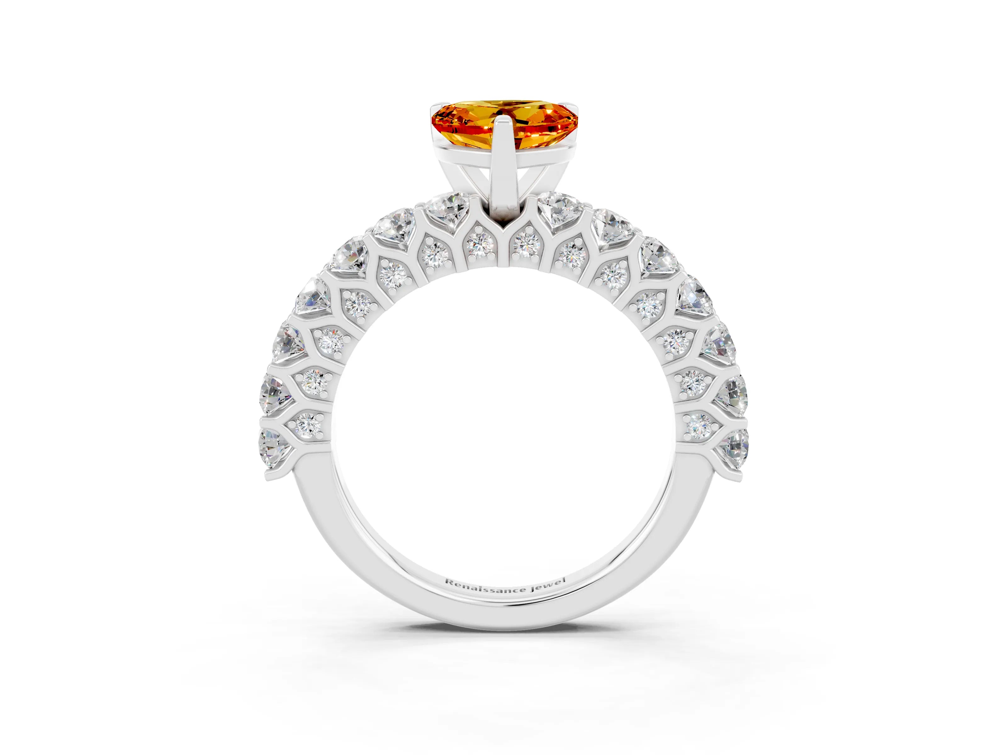 White gold Heart Cut Citrine Solitaire Ring with Shared Prong Pavé Band and Four-Prong Setting_15