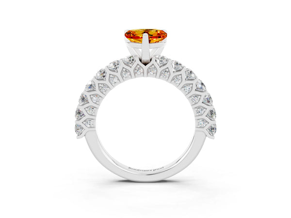 Platinum Heart Cut Citrine Solitaire Ring with Shared Prong Pavé Band and Four-Prong Setting