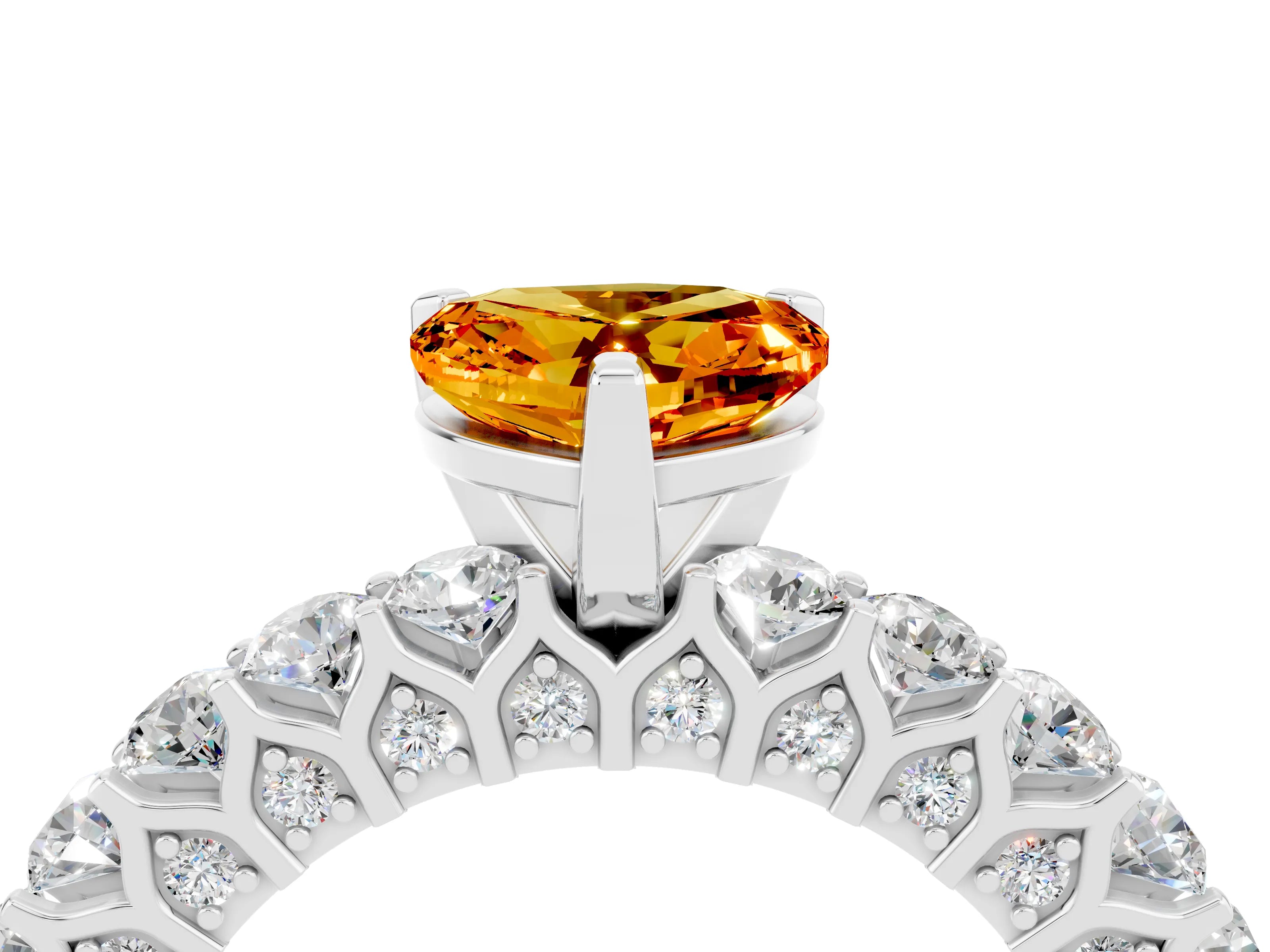 White gold Heart Cut Citrine Solitaire Ring with Shared Prong Pavé Band and Four-Prong Setting_16