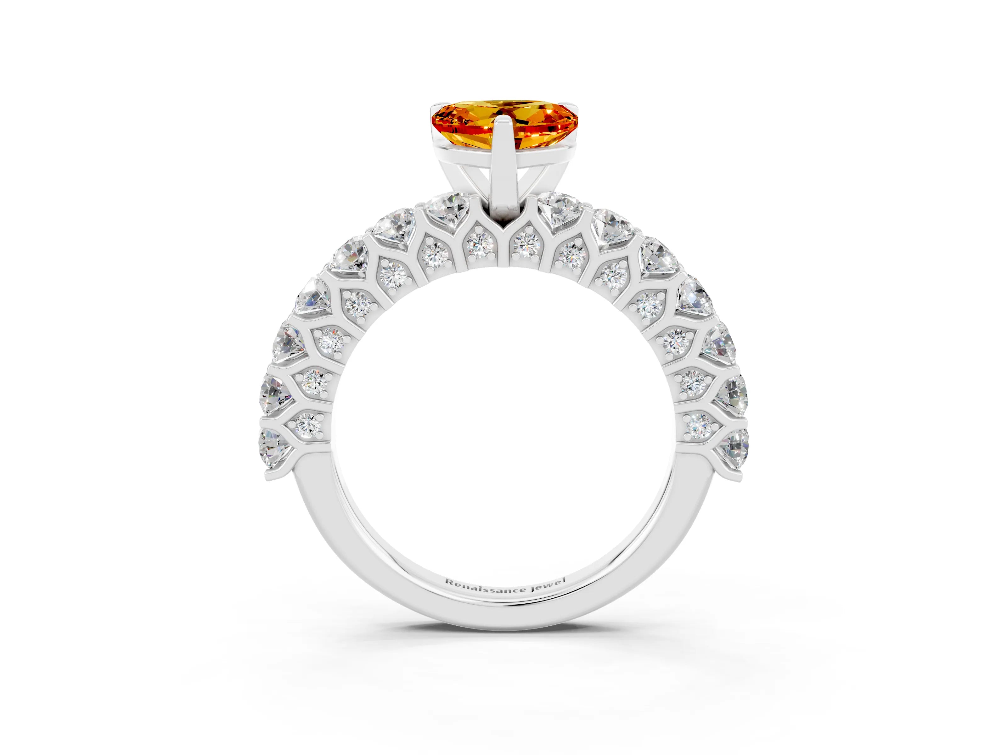 White gold Heart Cut Citrine Solitaire Ring with Shared Prong Pavé Band and Four-Prong Setting_3