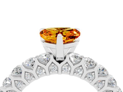 White gold Heart Cut Citrine Solitaire Ring with Shared Prong Pavé Band and Four-Prong Setting_4