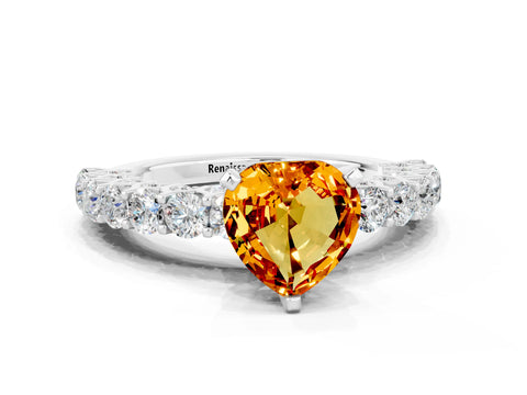 White gold Heart Cut Citrine Solitaire Ring with Shared Prong Pavé Band and Four-Prong Setting