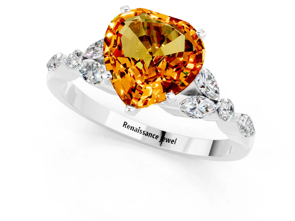 Platinum Heart Cut Citrine Solitaire Ring with Side Stones and Four-Prong Setting