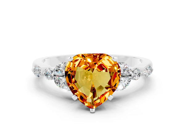 White gold Heart Cut Citrine Solitaire Ring with Side Stones and Four-Prong Setting
