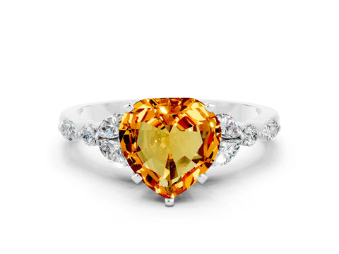 White gold Heart Cut Citrine Solitaire Ring with Side Stones and Four-Prong Setting_24