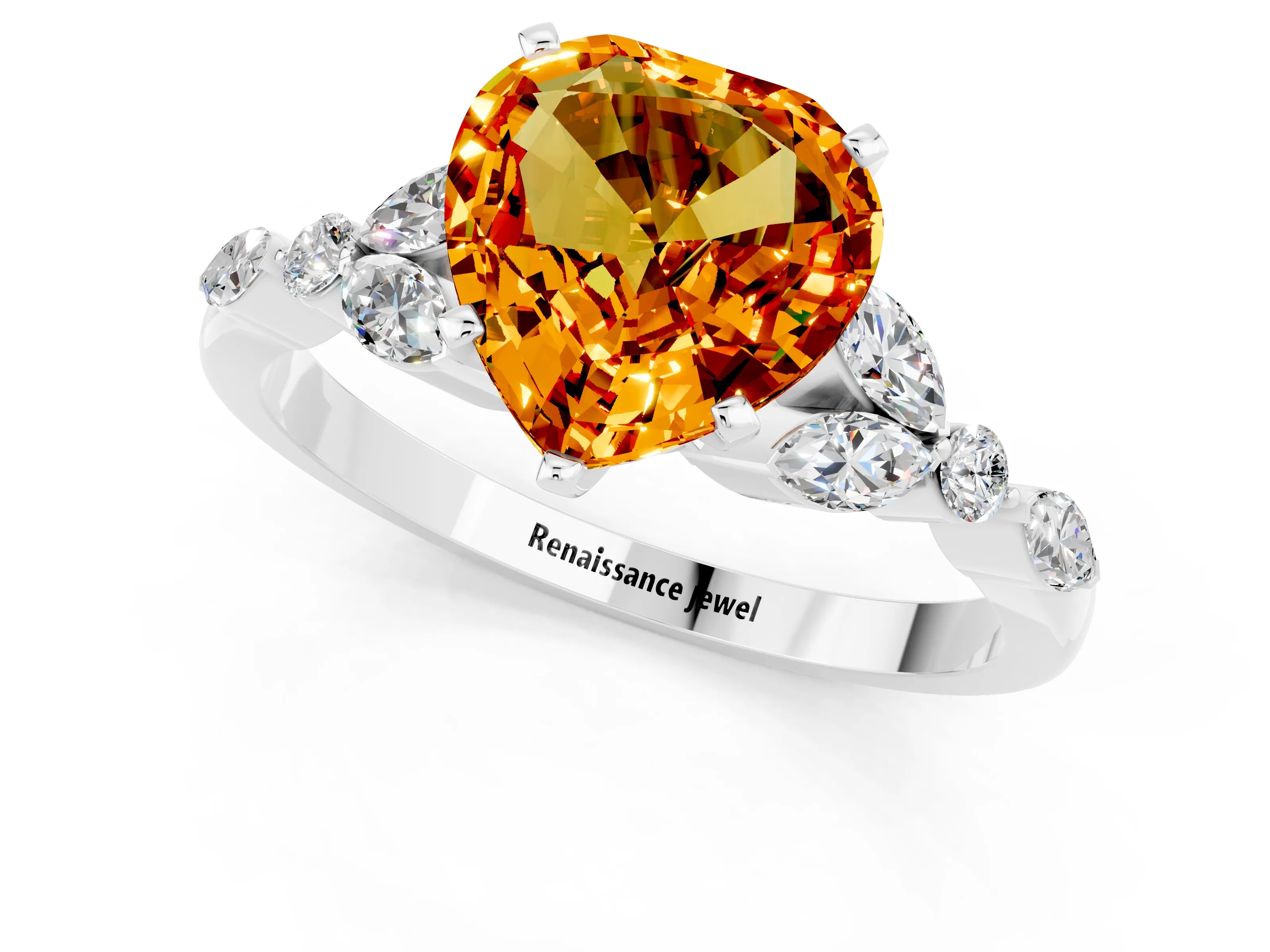 White gold Heart Cut Citrine Solitaire Ring with Side Stones and Four-Prong Setting_25