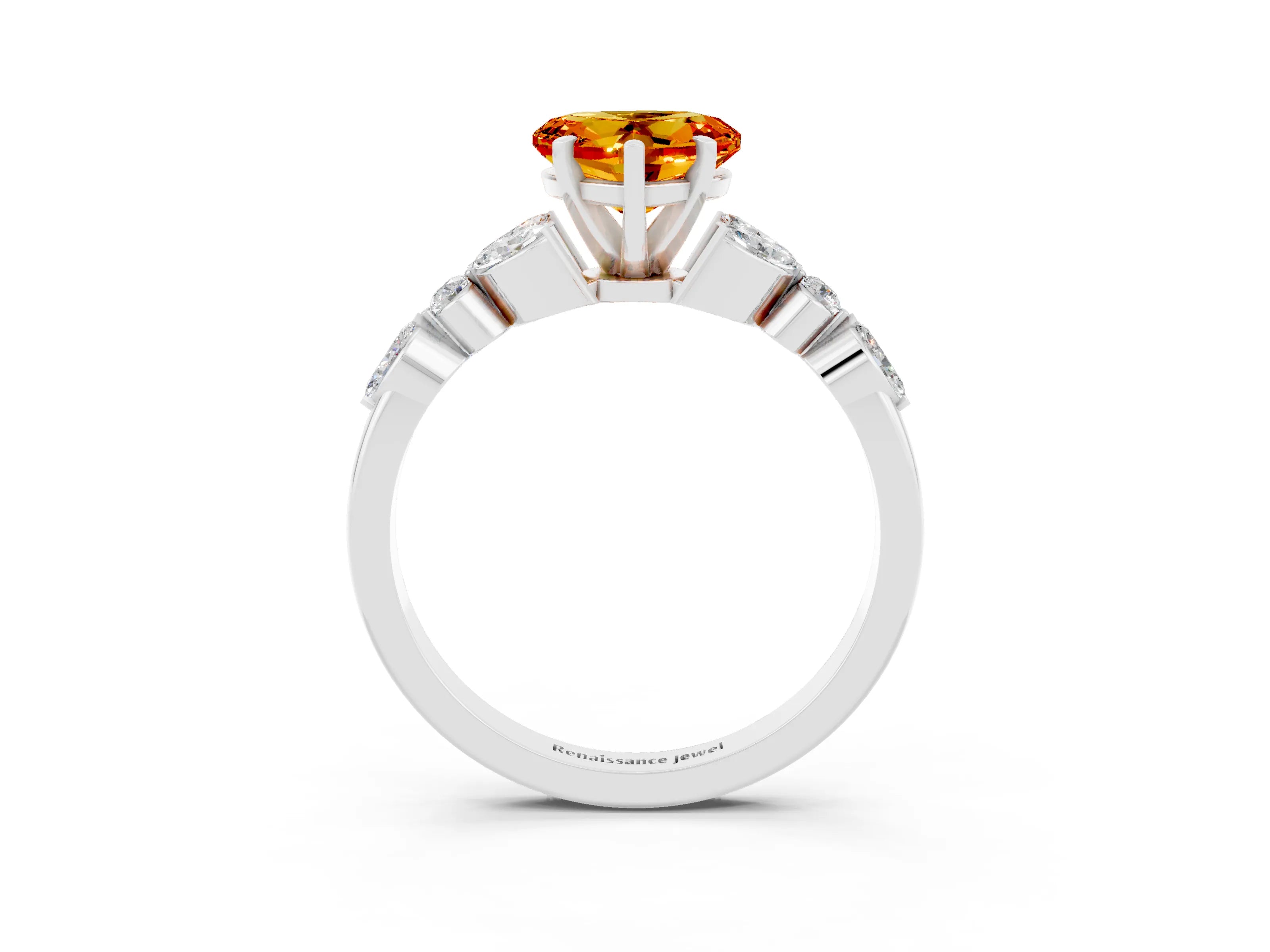 White gold Heart Cut Citrine Solitaire Ring with Side Stones and Four-Prong Setting_27