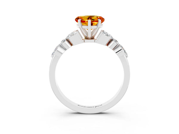 White gold Heart Cut Citrine Solitaire Ring with Side Stones and Four-Prong Setting