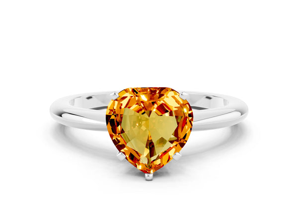 White gold Heart Cut Citrine Solitaire Ring with Six-Prong Setting and Classic Band