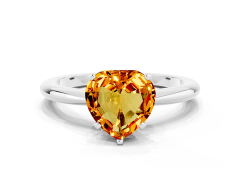 White gold Heart Cut Citrine Solitaire Ring with Six-Prong Setting and Classic Band