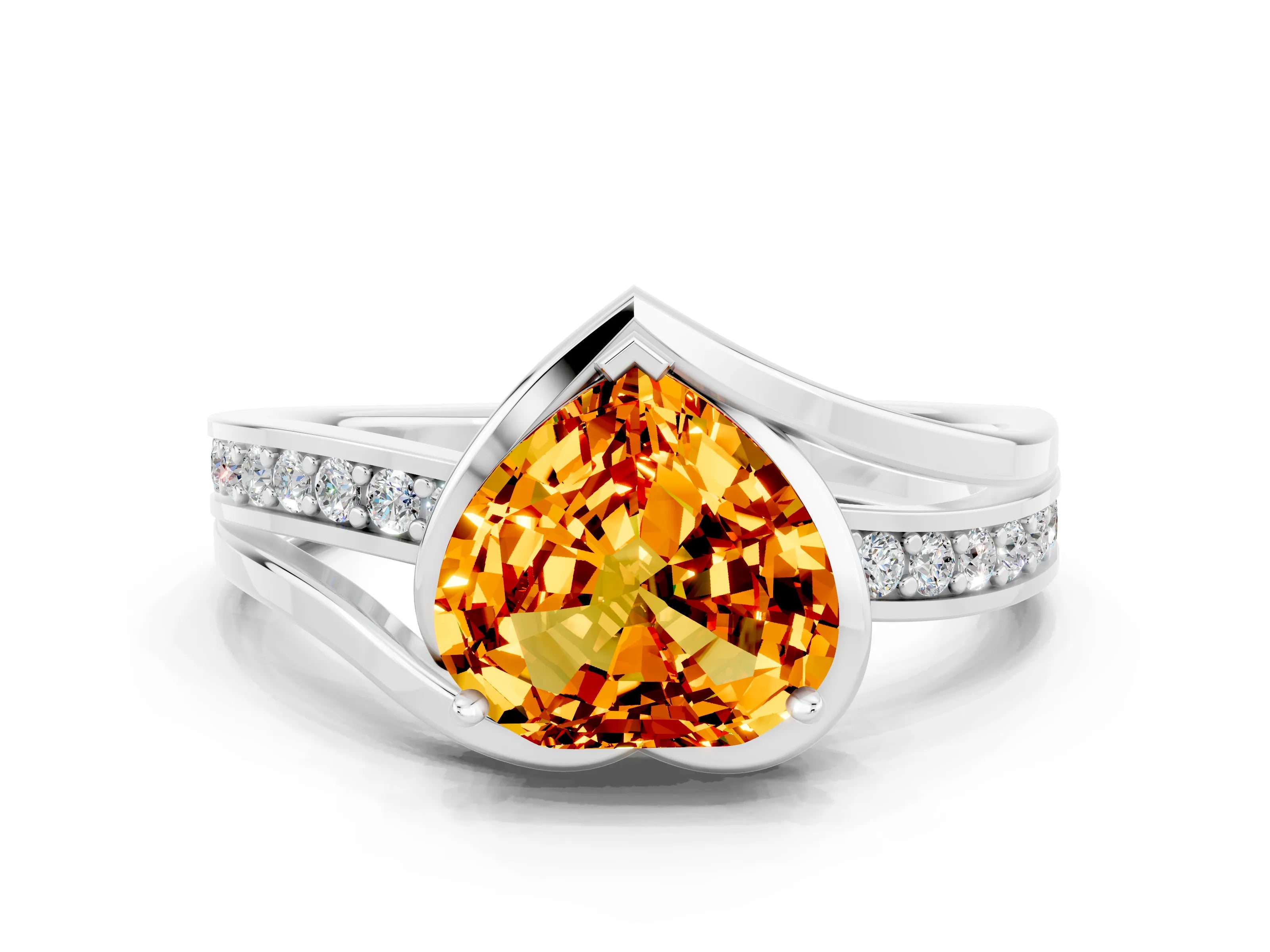 White gold Heart Cut Citrine Solitaire Ring with Split Shank and Prong Setting