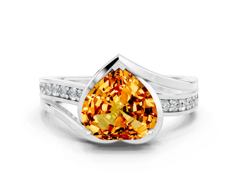 White gold Heart Cut Citrine Solitaire Ring with Split Shank and Prong Setting