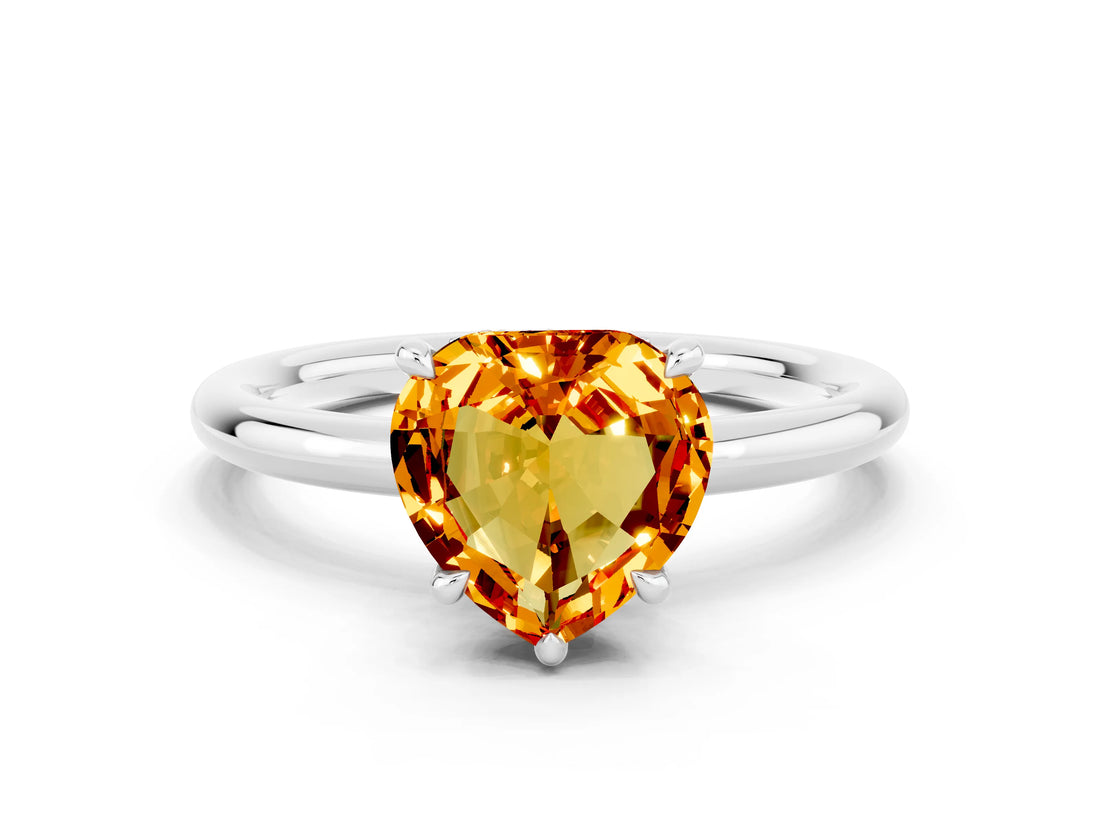 White gold Heart Cut Citrine Solitaire Ring with Thin Band and Four-Prong Setting