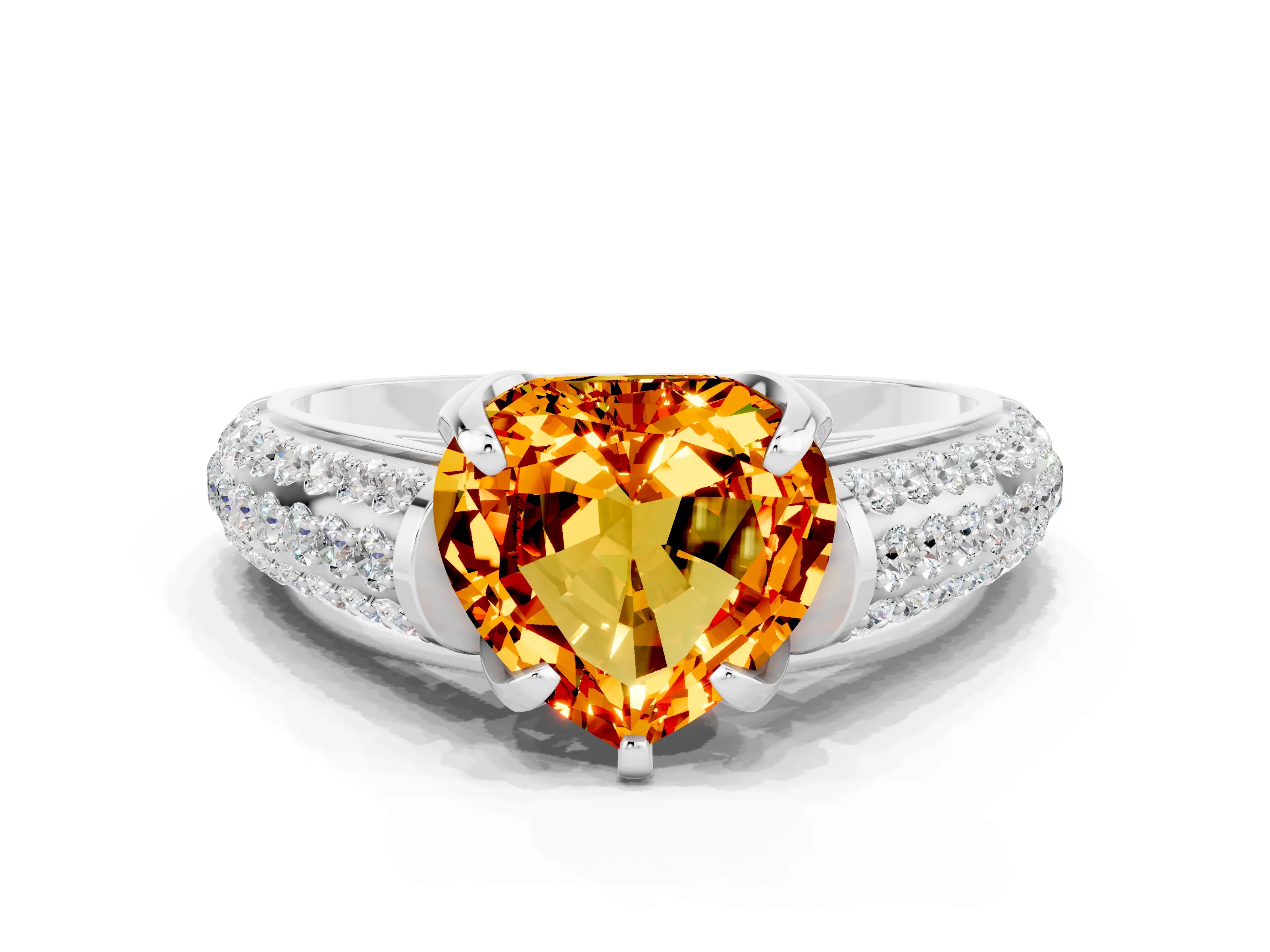 White gold Heart Cut Citrine Solitaire Ring with Three-Row Pavé Band and Four-Prong Setting_12