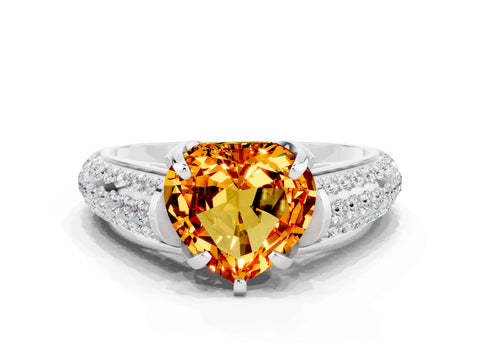 White gold Heart Cut Citrine Solitaire Ring with Three-Row Pavé Band and Four-Prong Setting_12