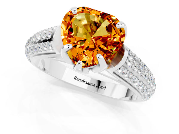 Platinum Heart Cut Citrine Solitaire Ring with Three-Row Pavé Band and Four-Prong Setting