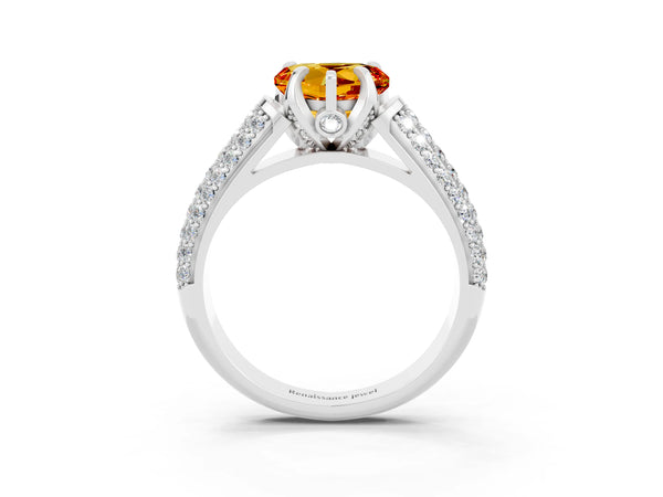 Silver Heart Cut Citrine Solitaire Ring with Three-Row Pavé Band and Four-Prong Setting